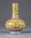 A yellow-ground famille rose bottle vase