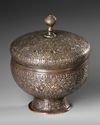 A PERSIAN SILVER INLAID LIDDED BOWL, KHURASAN STYLE, 20TH CENTURY