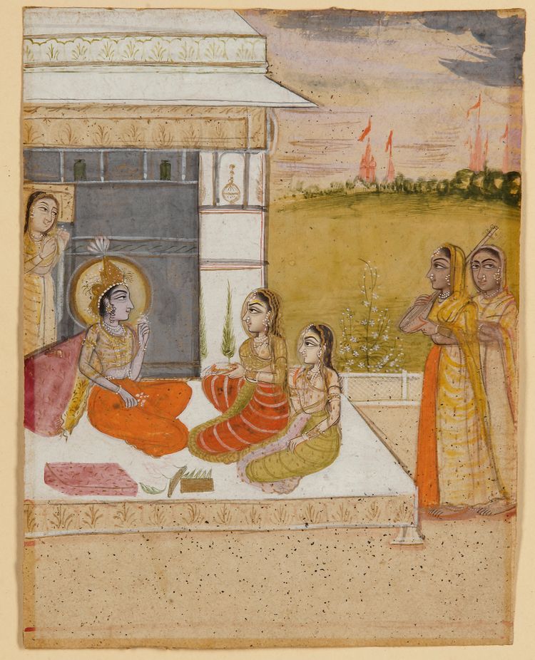 AN INDIAN PAINTING DEPICTING A DIVINE COURTYARD SCENE, 19TH CENTURY