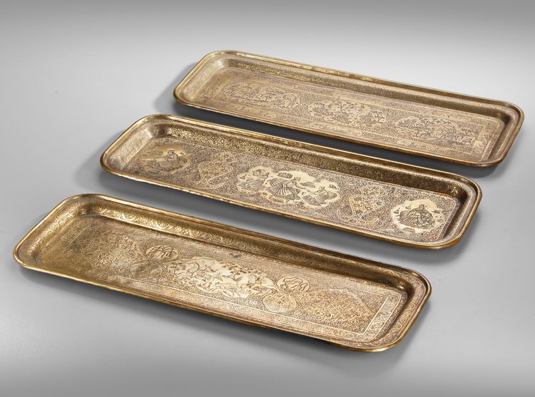 THREE ENGRAVED BRASS TRAYS, PERSIA, EARLY 20TH CENTURY