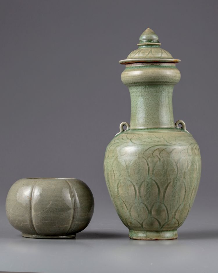 A celadon glazed vase with cover and a waterpot