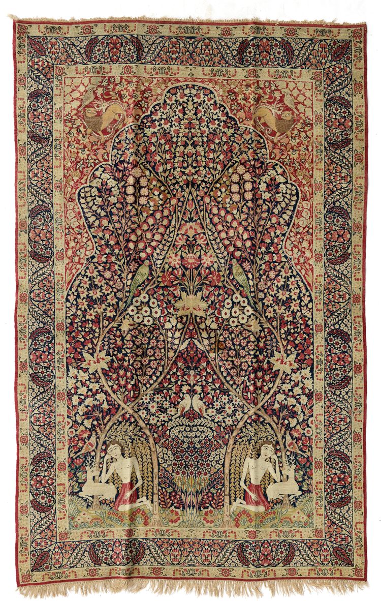 A KIRMAN PICTORAL RUG WITH LEYLA AND MAJNUN DESIGN, 18TH CENTURY