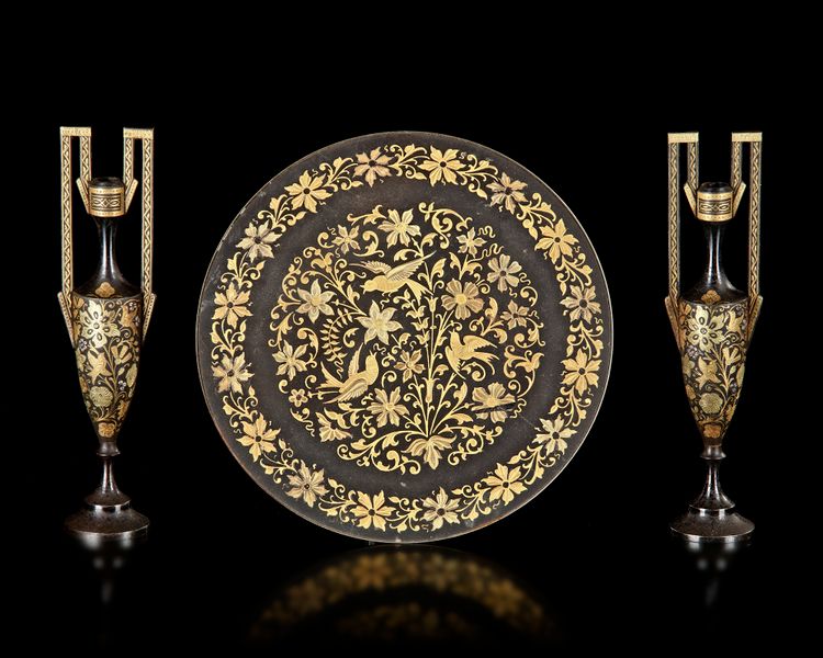 A PAIR OF GOLD-DAMASCENED FORGED IRON VASES, TOLEDO SPAIN,19TH CENTURY