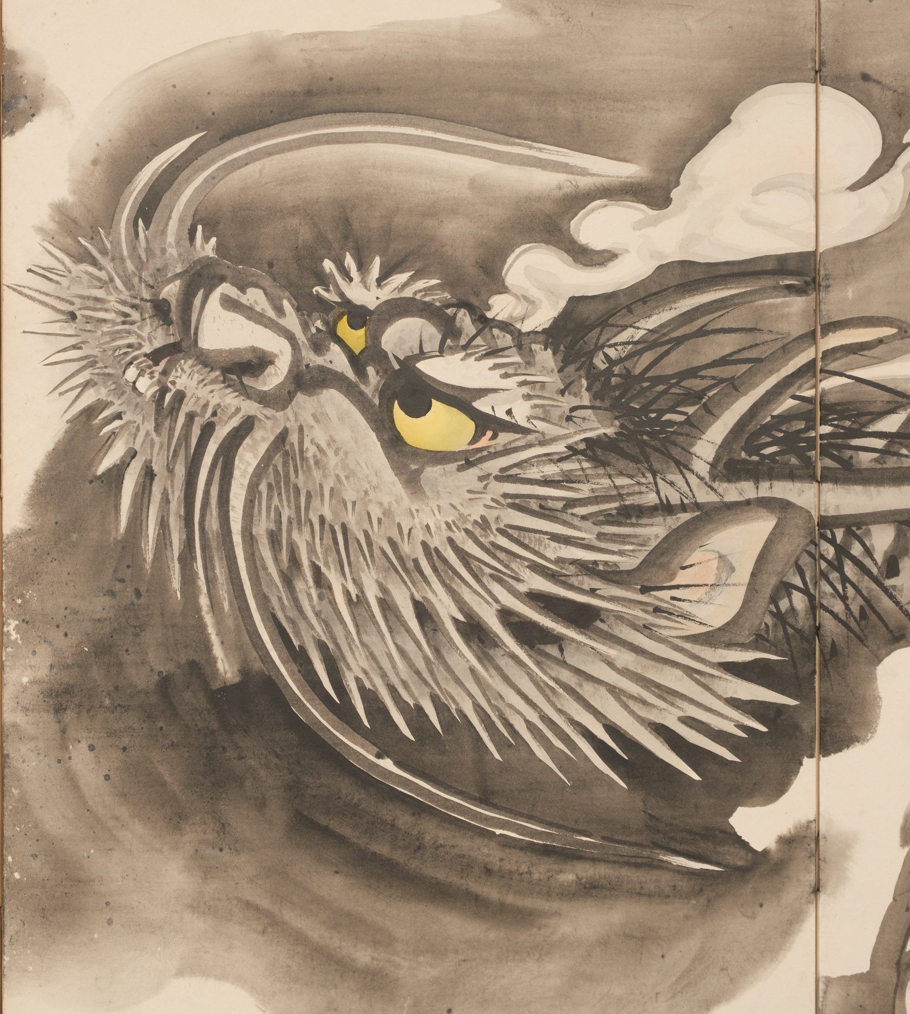 A PAIR OF LARGE SIX-PANEL JAPANESE SCREENS, DRAGON & TIGER, 1919