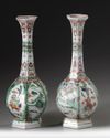 A pair of Chinese famille verte hexagonal bottle vases