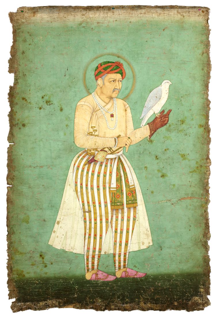 A MONUMENTAL PORTRAIT OF THE EMPEROR AKBAR, MUGHAL, INDIA, LATE 17TH-EARLY 18TH CENTURY