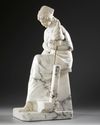 AN ALABASTER AND MARBLE SCULPTURE OF A SEATED WOMAN ROLLING WOOL, CIRCA 1890