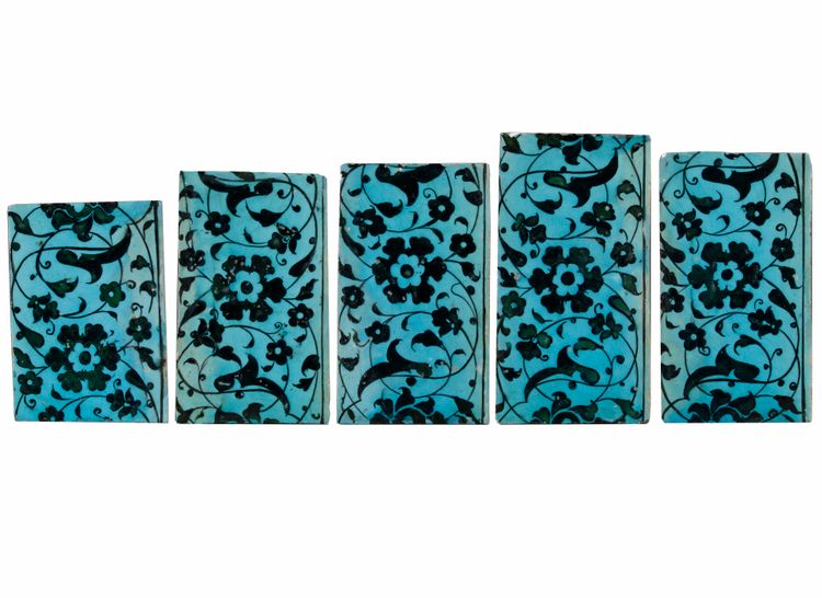 FIVE BLACK AND TURQUOISE 'DOME OF THE ROCK' POTTERY TILES, JERUSALEM, SECOND HALF 16TH CENTURY