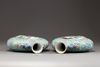 A matched pair of Chinese turquoise-ground famille rose moonflasks