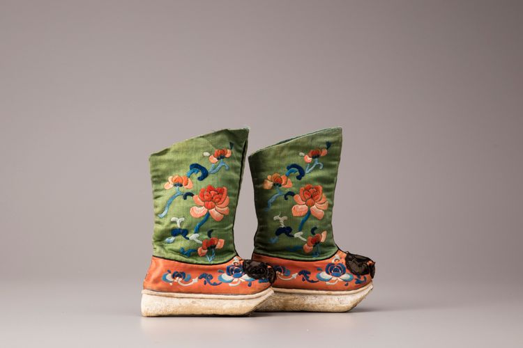 A pair of silk embroidered Chinese boots for young boys