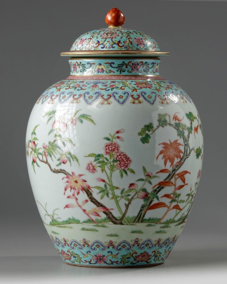 A Chinese tuquoise-ground famille rose jar and cover