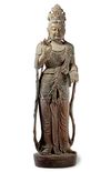A CHINESE STANDING POLYCHROME WOOD FIGURE OF GUANYIN, LATE MING DYNASTY
