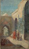 A painting depicting people sitting in the shadow and talking near the gate