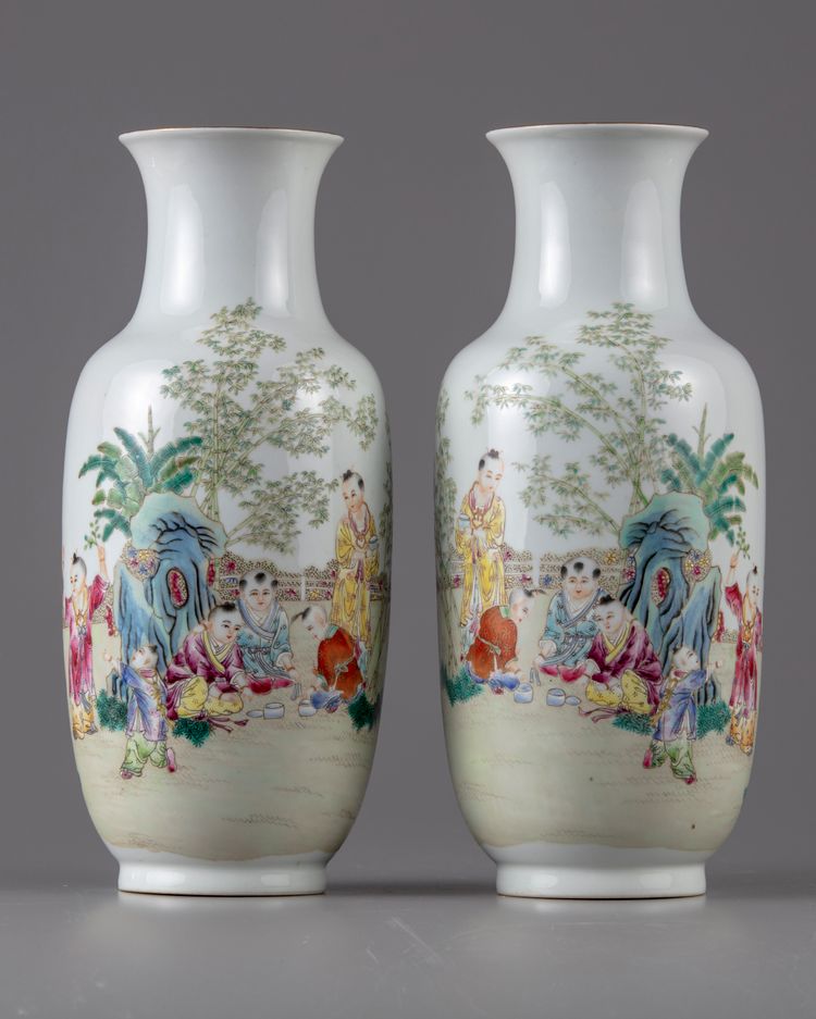 A PAIR OF CHINESE FAMILLE ROSE 'BOYS' VASES, 19TH-20TH CENTURY