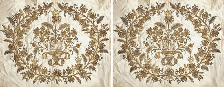 TWO OTTOMAN SILK PILLOW CASES EMBROIDERED WITH GILT AND SILVER WIRES, LATE 19TH CENTURY
