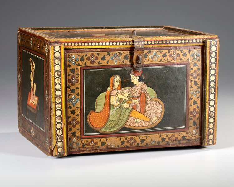 AN INDIAN LACQUERED WOOD BOX, KASHMIR, CIRCA 1900