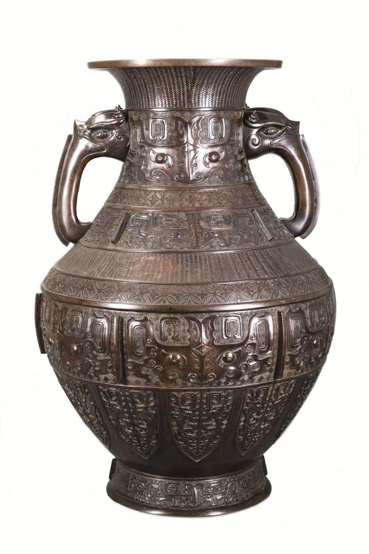 A very large Japanese bronze twin-handled vase