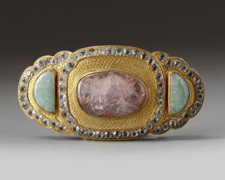 An Ottoman silver-gilt and gemset jade belt buckle