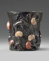 A Chinese hardstone-inlaid hardwood 'lingzhi' brush pot