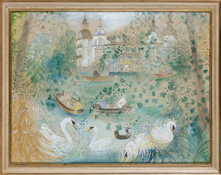 JEAN VAN WEL - BOATS AND SWANS ON A POND