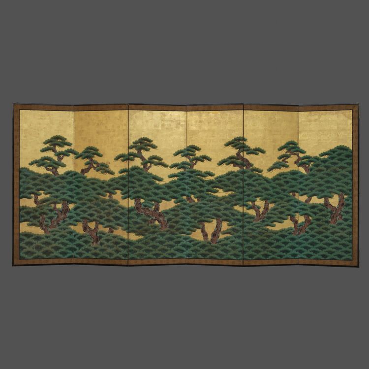 A TALL JAPANESE  SIX-PANEL BYÔBU WITH PINE TREE FOREST, FIRST HALF 19TH CENTURY