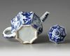 A CHINESE BLUE AND WHITE MOULDED OCTAGONAL TEAPOT AND COVER, CHINA, KANGXI PERIOD (1662-1722)
