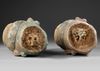 TWO CHINESE POLYCHROME WOOD HEADS, MING DYNASTY OR LATER
