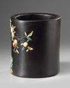 A Chinese soapstone and mother-of-pearl inlaid hardwood brush pot, bitong