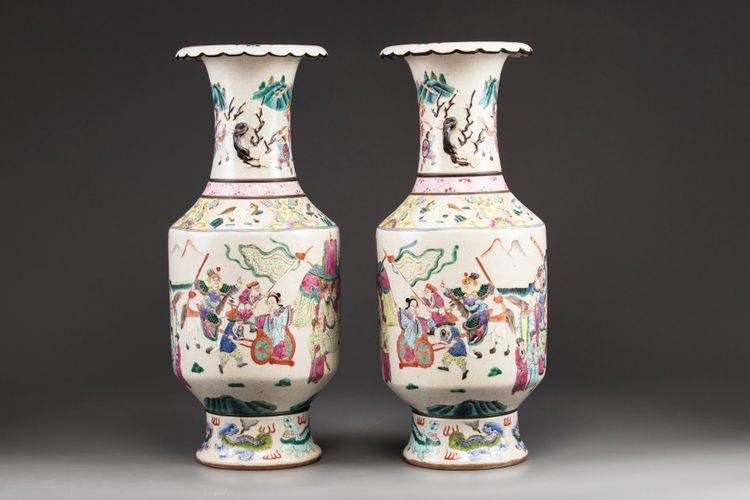 A pair of Chinese crackle-glazed famille rose vases
