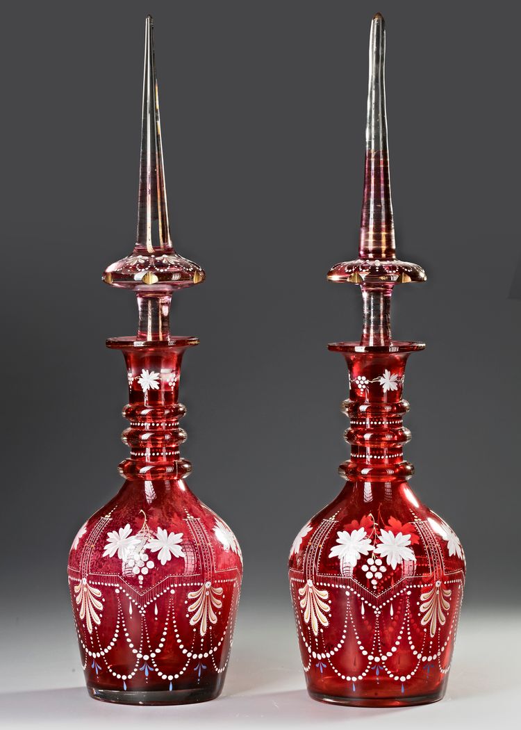 PAIR OF ANTIQUE RUBY RED GLASS DECANTERS, 19TH CENTURY