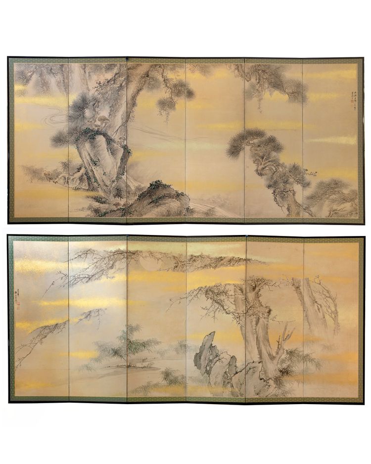 A pair of Japanese six-panel Byobu screens