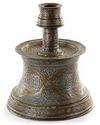A LARGE MAMLUK STYLE SILVER INLAID BRASS CANDLESTICK, 19TH CENTURY