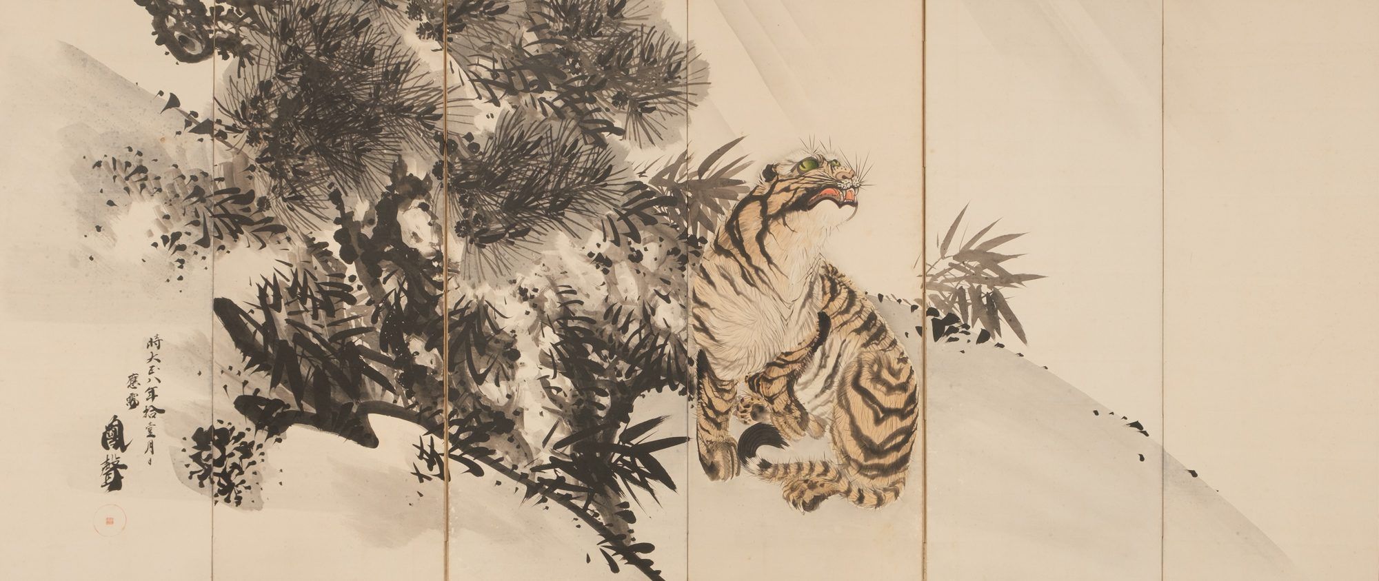 A PAIR OF LARGE SIX-PANEL JAPANESE SCREENS, DRAGON & TIGER, 1919