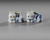 A PAIR OF CHINESE BLUE AND WHITE CAT SHAPED BRUSH WASHERS, MING DYNASTY (1368-1644)