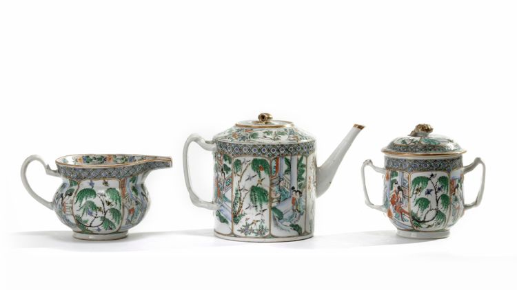 A Chinese famille rose ‘Xixiang Ji’ three-piece teaset