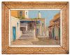 AN OIL PAINTING ON PANEL, DEPICTING THE CAFE OF SIDI BOUSAID IN TUNESIA, 20TH CENTURY