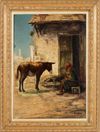 FEDOR VAN KREGTEN (1871-1937),  A DONKEY WAITING OUTSIDE HIS STABLE, OIL ON CANVAS ON PANEL