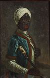 Portrait of a young moor in wealthy outfit wearing a turban and holding a stick
