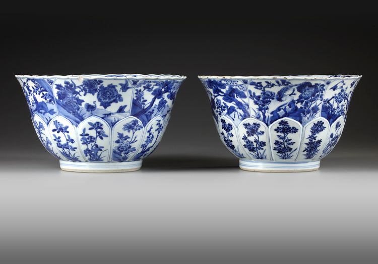 A PAIR OF BLUE AND WHITE MOULDED 'LOTUS' BOWLS, KANGXI PERIOD (1662-1722)