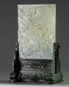 A CHINESE PALE CELADON JADE TABLE SCREEN ON A SPINACH JADE STAND