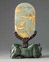 A Chinese hardstone-inlaid celadon jade table screen on a wood and spinach jade stand