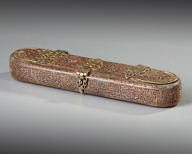 A QAJAR COPPER INLAID PENBOX, QALAMDAN, 20TH CENTURY