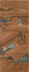 A JAPANESE SIX-PANEL BYOBU SCREENS WITH SCENES FROM THE TALE OF GENJI, EDO PERIOD (1603-1868)