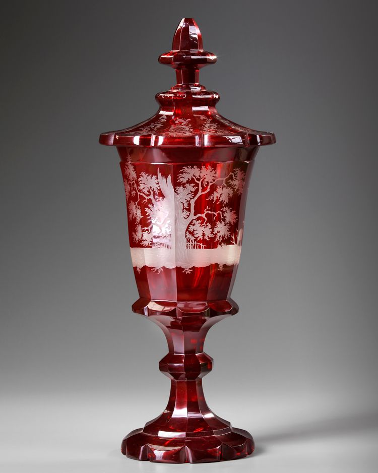 A BOHEMIAN RED GLASS GOBLET, LATE  19TH CENTURY