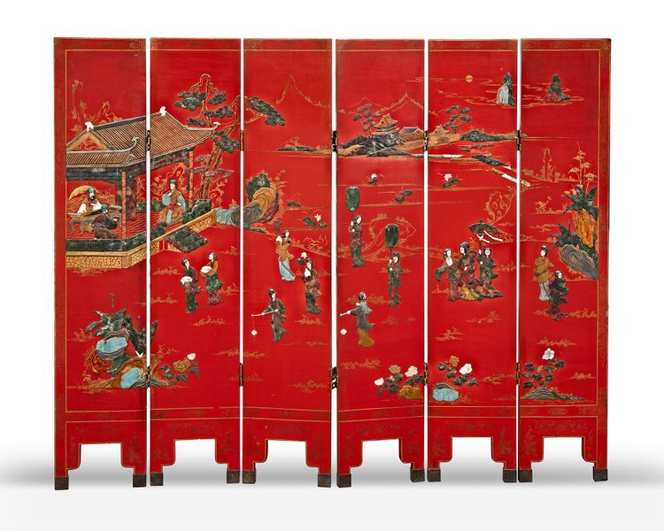 A CHINESE RED SIX-LEAF SCREEN, LATE 19TH CENTURY