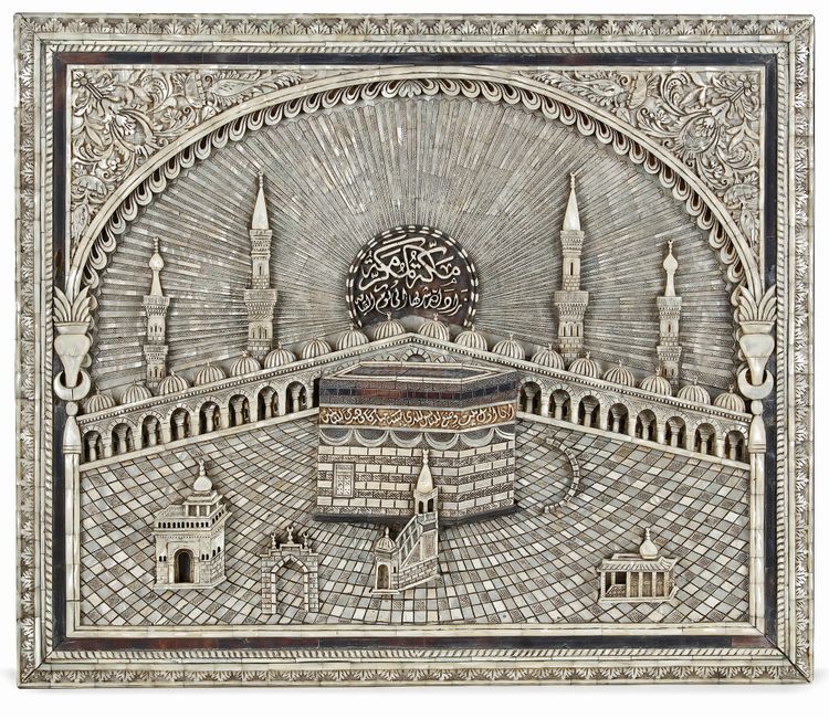 A MOTHER-OF-PEARL INLAID WOODEN HANGING PANEL, JERUSALEM, EARLY 20TH CENTURY