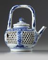 A Chinese blue and white reticulated teapot and cover