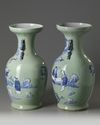 A pair of Chinese celadon-ground blue and white vases