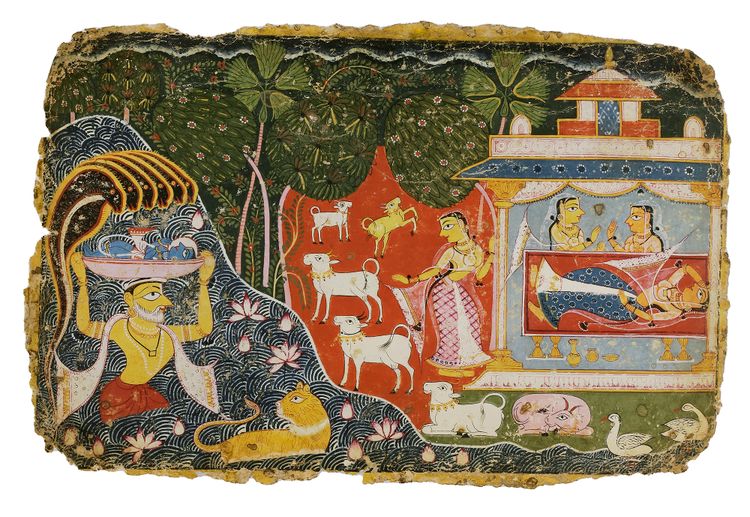 A LEAF FROM THE DISPERSED 'PALAM' BHAGAVATA PURANA: VASUDEV CROSSING RIVER YAMUNA WITH THE NEW BORN KRISHNA, THE NAAG (SNAKE) PROTECTING THE CHILD, INDIA, DELHI-AGRA AREA, CIRCA 1520-1540