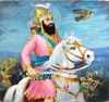 GURU GOBIND SINGH (1575- 1708) RIDING A HORSE HOLDING A SWORD, BY THE ARTIST RAM VERMA,  SECOND HALF 20TH CENTURY